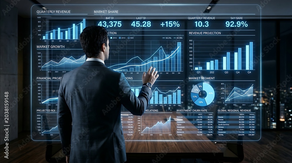 Naklejka premium Businessman observing an augmented reality financial dashboard illustrating market growth and quarterly revenue projections