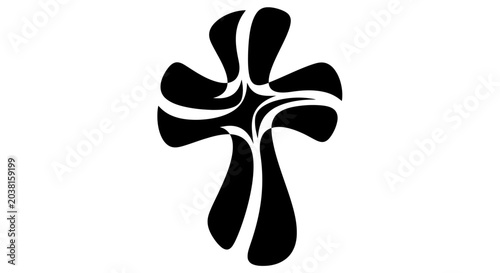 Canvastavla Stylized Black Christian Cross Symbol with Abstract Swirls on White Background