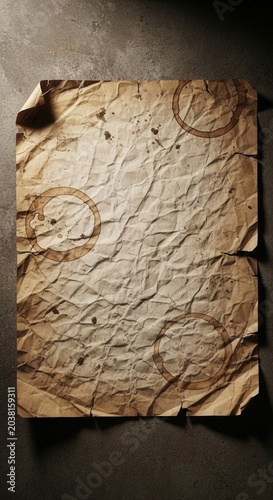 Vintage Textured Paper with Stains and Folds on Dark Background.