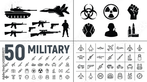 Foto Military Weapon and Equipment Icon Set Featuring Tanks, Aircraft, Soldiers, and