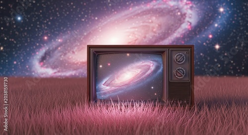 Vintage Television Set Displaying a Galaxy in a Surreal Outdoor Landscape.