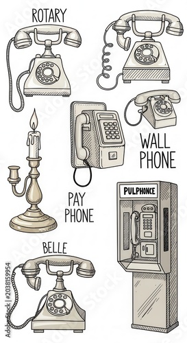 Vintage Telephone Collection with Rotary, Wall, Pay, and Belle Phones, Alongside a Candlestick, Hand-Drawn Illustration Set.