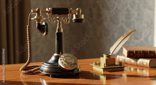 Vintage Telephone and Quill Pen on Wooden Desk.