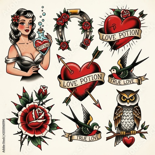 Vintage Tattoo Flash Sheet - Hearts, Roses, Owls, and Swallows.