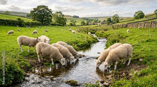 Flock of sheep drinking from small stream in green rolling pasture with dry stone walls hedgerows and distant farm hills