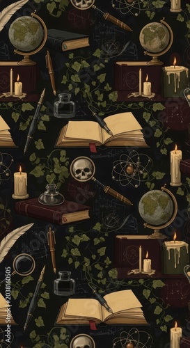 Vintage Study Room with Books, Candles, and Globes.
