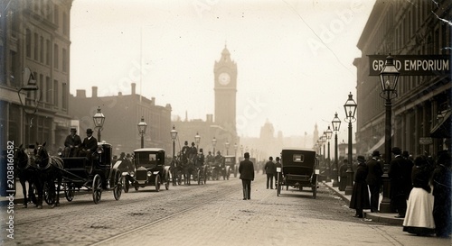 Vintage Street Scene with Horse-Drawn Carriages and Early Automobiles in a Bustling City.