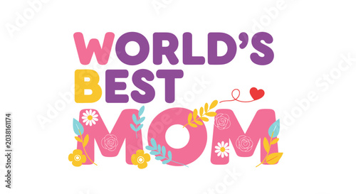 Cuadro en lienzo World's Best Mom Typography with Floral Elements and Heart