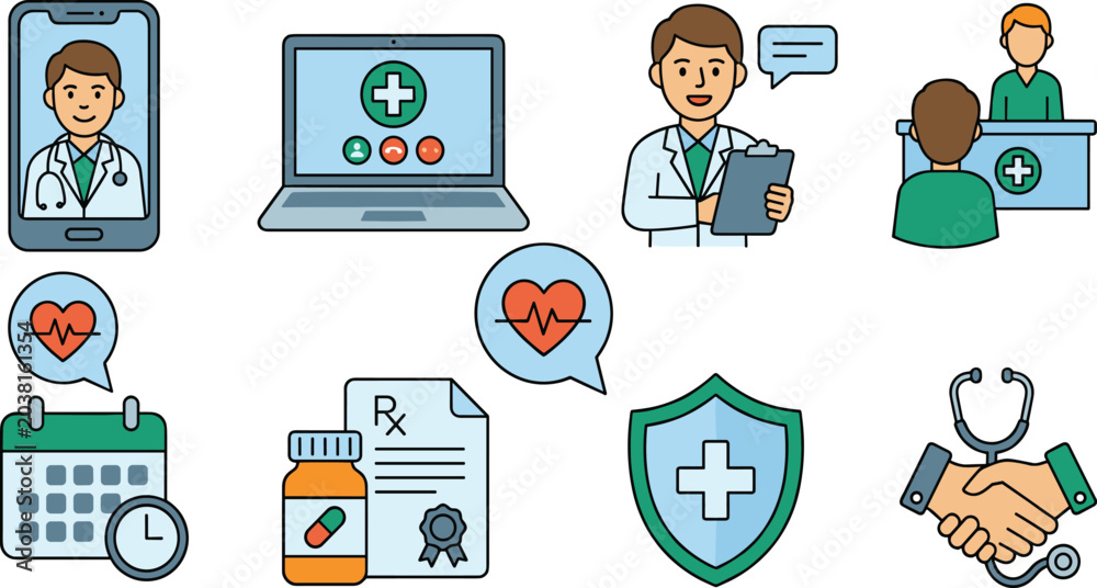 Fototapeta premium Telemedicine and Healthcare Service Icon Set Featuring Online Doctor Consultation Medical Protection Prescription Scheduling and Patient Support Elements for Digital Health Applications
