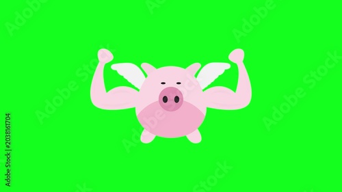 Strong Muscular Pig with Wings Financial Power Green Screen 4K