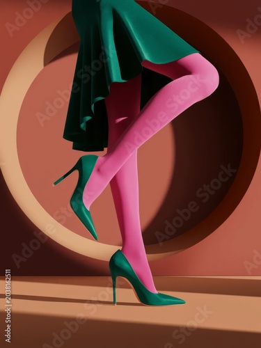Fashionable female legs in pink tights and green high heels in geometric studio setting