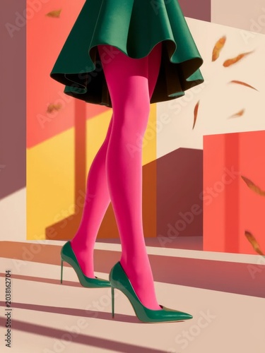 Fashionable female legs in pink tights and green high heels in geometric studio setting