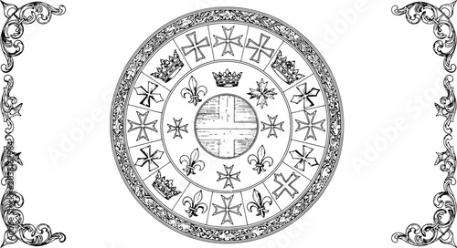 Fotografi Ornate Medieval Heraldic Emblem with Fleur-de-lis and Crosses during a white bac