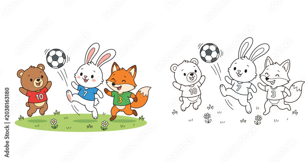Naklejka premium Cute cartoon animals playing soccer coloring page. Bear, bunny, and fox kids football illustration. Color and black and white outline vector.
