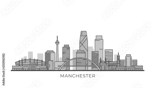 Schilderij op canvas Manchester Skyline Vector Illustration with Gray Buildings and Modern City Landm