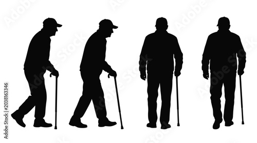 Black vector illustration showing silhouettes of an elderly man walking slowly with a wooden cane