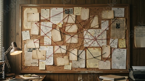 Cork evidence board connected with red string mapping clues and photos in cluttered investigation room setting