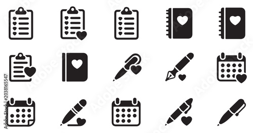 Collection of romantic planner icons diaries calendars pens with hearts.