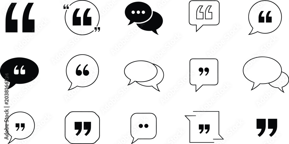 Fototapeta premium Minimalist Quotation Marks and Chat Bubble Icon Collection for Customer Feedback, Testimonials, Digital Communication, Social Media, and Interface Development