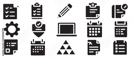 Office administration icon collection including laptop calendar gears and paper document forms.