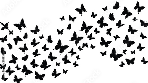 Detailed vector illustration featuring a swarm of black butterfly silhouettes flying in a graceful pattern