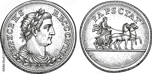 Photography Roman coin with emperor portrait and chariot engraving for historical illustrati
