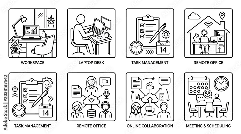 Obraz premium A modern workspace with people working remotely and collaborating online at their laptop desks with various task management tools.
