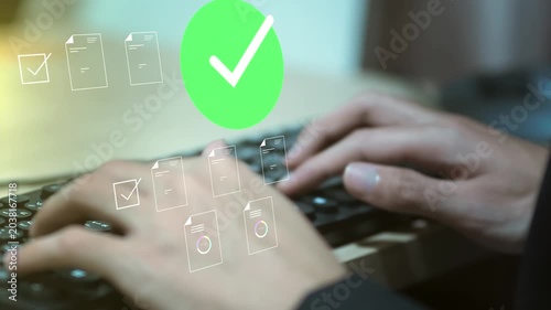 Businessman using laptop with digital checklist interface, approval checkmarks, document verification, task completion, compliance workflow, quality control, productivity management.