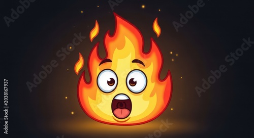 Surprised cartoon flame emoji face expression.