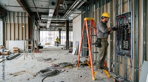 Construction electrician installing wiring and circuit panel on metal stud wall inside commercial building under renovation