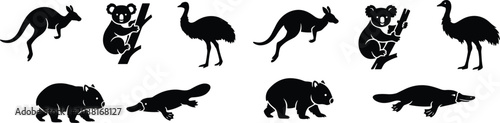Photography Australian Wildlife Animal Silhouette Icon Set with Kangaroo Koala Emu Wombat Pl