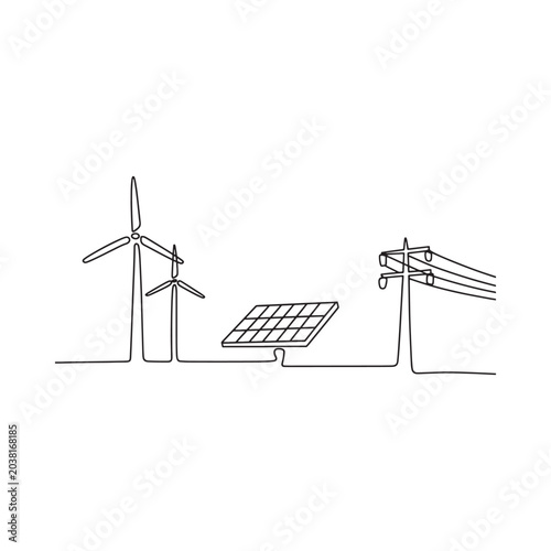 Wind turbines and solar panel in a continuous line drawing style