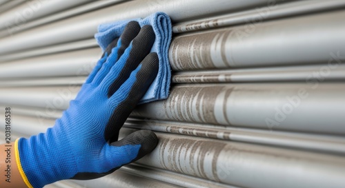 Hand wearing blue glove cleaning metal roller shutter door with blue cloth.