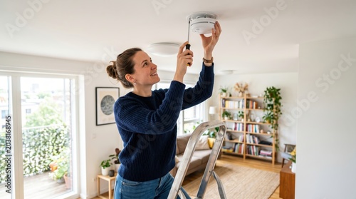 Woman installing smoke detector on ceiling while standing on ladder in bright cozy living room with bookshelf and plants