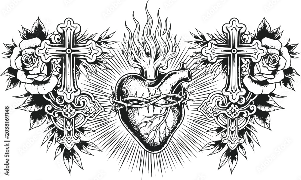 Fototapeta premium Sacred Heart with Roses and Crosses in Black and White Graphic Design