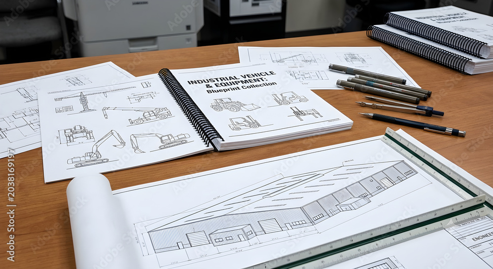 Fototapeta premium Desk view of comprehensive engineering blueprints, a technical equipment manual, and drafting tools, showcasing detailed design processes for industrial and architectural projects