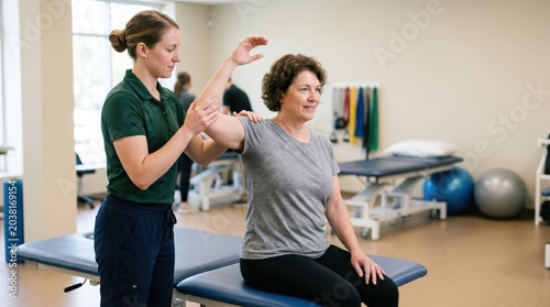 Physical therapist assisting middle aged woman with shoulder mobility exercise while seated on treatment table in rehab clinic