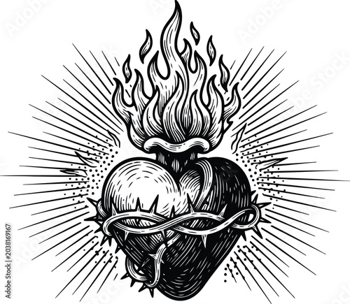 Принти на полотні Sacred Heart with crown of thorns and radiating light in a vintage engraving sty
