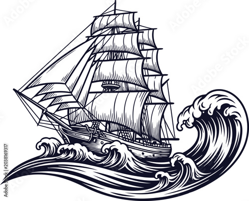 Bild auf Leinwand Sailing tall ship navigating rough ocean waves during a storm in a vintage engra