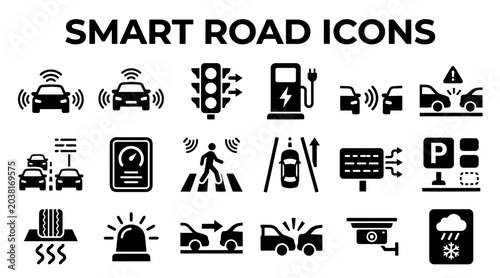 Cuadro en lienzo A collection of flat design icons representing smart road technology, including autonomous vehicles, traffic control, and safety