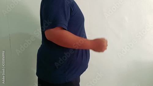Overweight Man Dumbbell Hammer Curl Side Angle