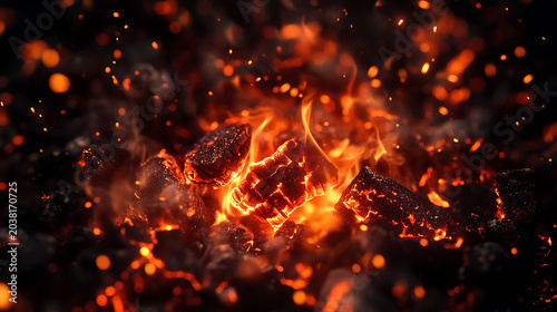 Flying sparks, glowing embers, fire particles