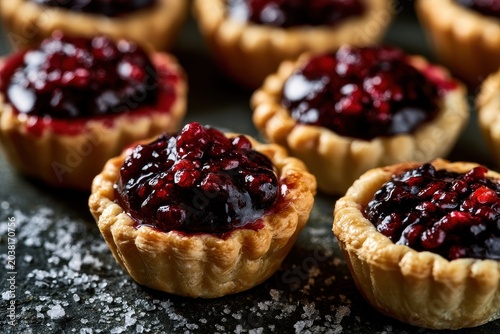 Artisanal fruit tartlets with glossy berry preserve on a dark textured surface in a macro shot for gourmet bakery branding