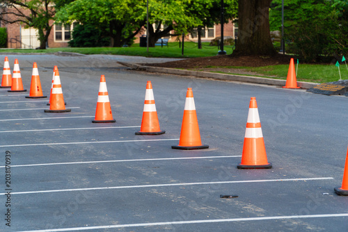 Fotografie A line of bright orange traffic cones with white stripes on dark asphalt pavement, defining a temporary barrier in a parking lot, with lush green trees and buildings in the background, suggesting