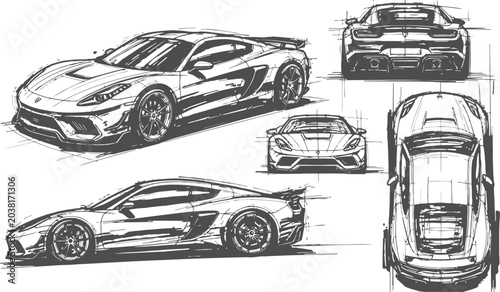 Photography Sports car design sketches from multiple angles in a hand-drawn illustrative sty