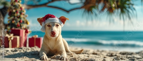 Cute dog wearing Santa hat lying on a sandy tropical beach. Christmas vacation concept with a decorated tree and gift boxes by the sea.