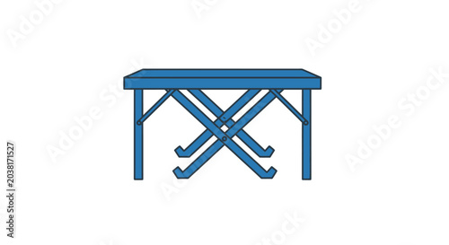 Blue metal workbench with crossed legs.