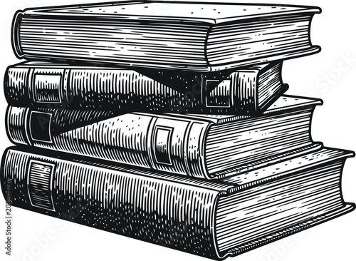 Tableau sur toile Stack of vintage hardcover books with detailed linework illustration on a white