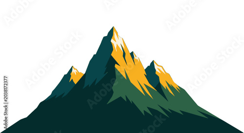 Illustrated mountain peak with glowing golden sunlight highlights.