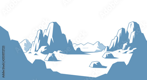 Illustration of a snowy mountain range.